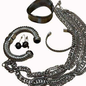 Jewelry Lot Chunky Silver‎ Tone Set Cuff, Baddie, Streetwear, Maximal, Set Of 5